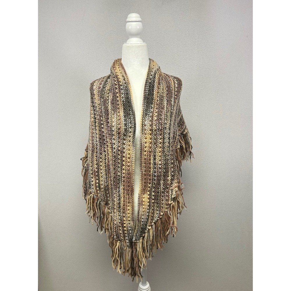 Boho Cottagecore Unbranded Womens OS Brown Striped Crochet Fringe‎ Shawl Wrap